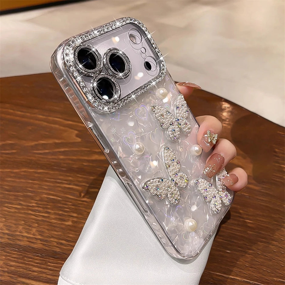 Luxury Diamond Butterfly Clear Phone Case For iPhone 17 Air 16 15 14 13 12 Pro Max Transparent Plating Soft Silicone Back Cover