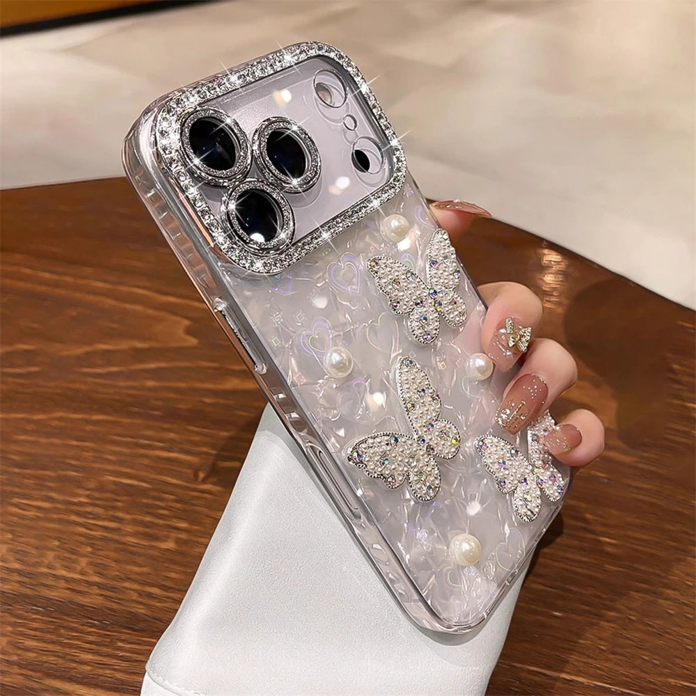 Luxury Diamond Butterfly Clear Phone Case For iPhone 17 Air 16 15 14 13 12 Pro Max Transparent Plating Soft Silicone Back Cover
