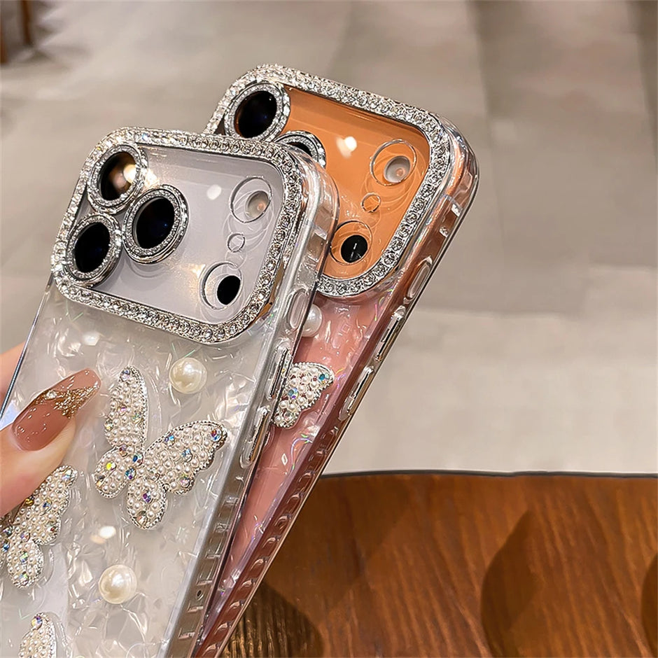 Luxury Diamond Butterfly Clear Phone Case For iPhone 17 Air 16 15 14 13 12 Pro Max Transparent Plating Soft Silicone Back Cover