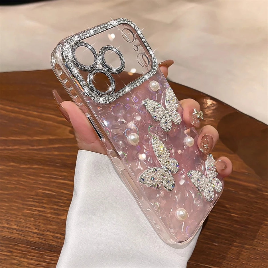 Luxury Diamond Butterfly Clear Phone Case For iPhone 17 Air 16 15 14 13 12 Pro Max Transparent Plating Soft Silicone Back Cover