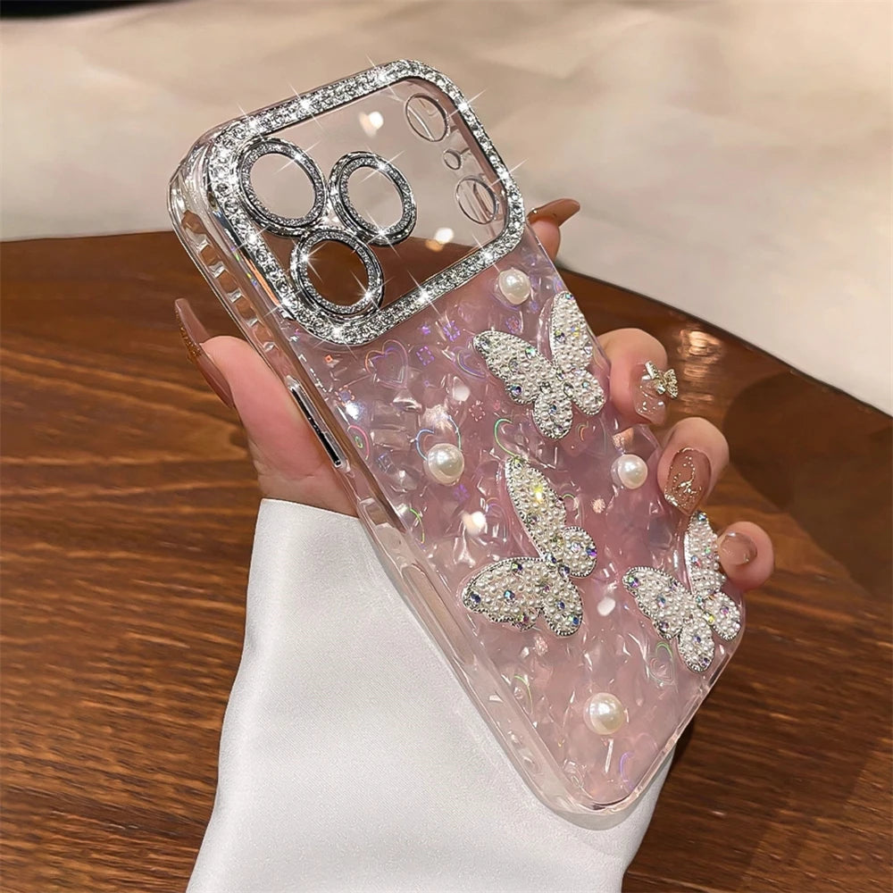Luxury Diamond Butterfly Clear Phone Case For iPhone 17 Air 16 15 14 13 12 Pro Max Transparent Plating Soft Silicone Back Cover