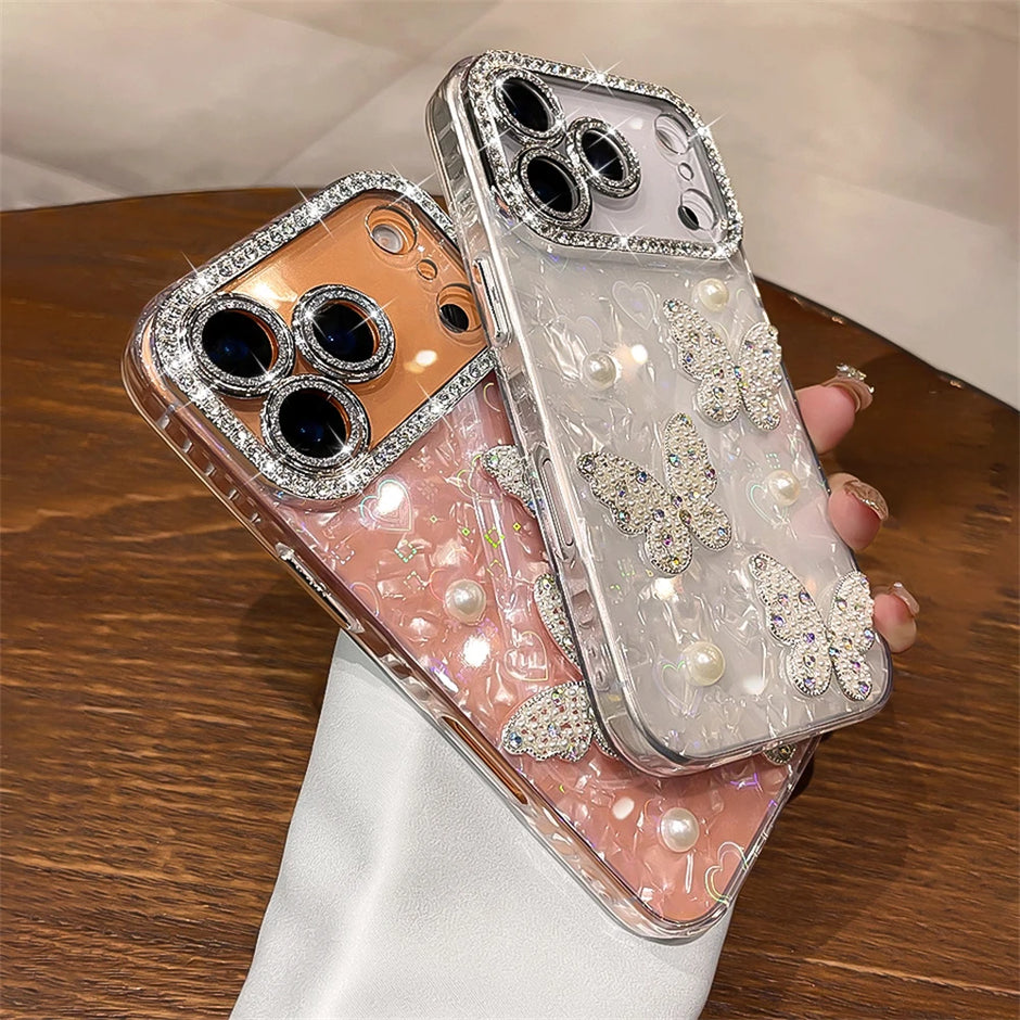 Luxury Diamond Butterfly Clear Phone Case For iPhone 17 Air 16 15 14 13 12 Pro Max Transparent Plating Soft Silicone Back Cover