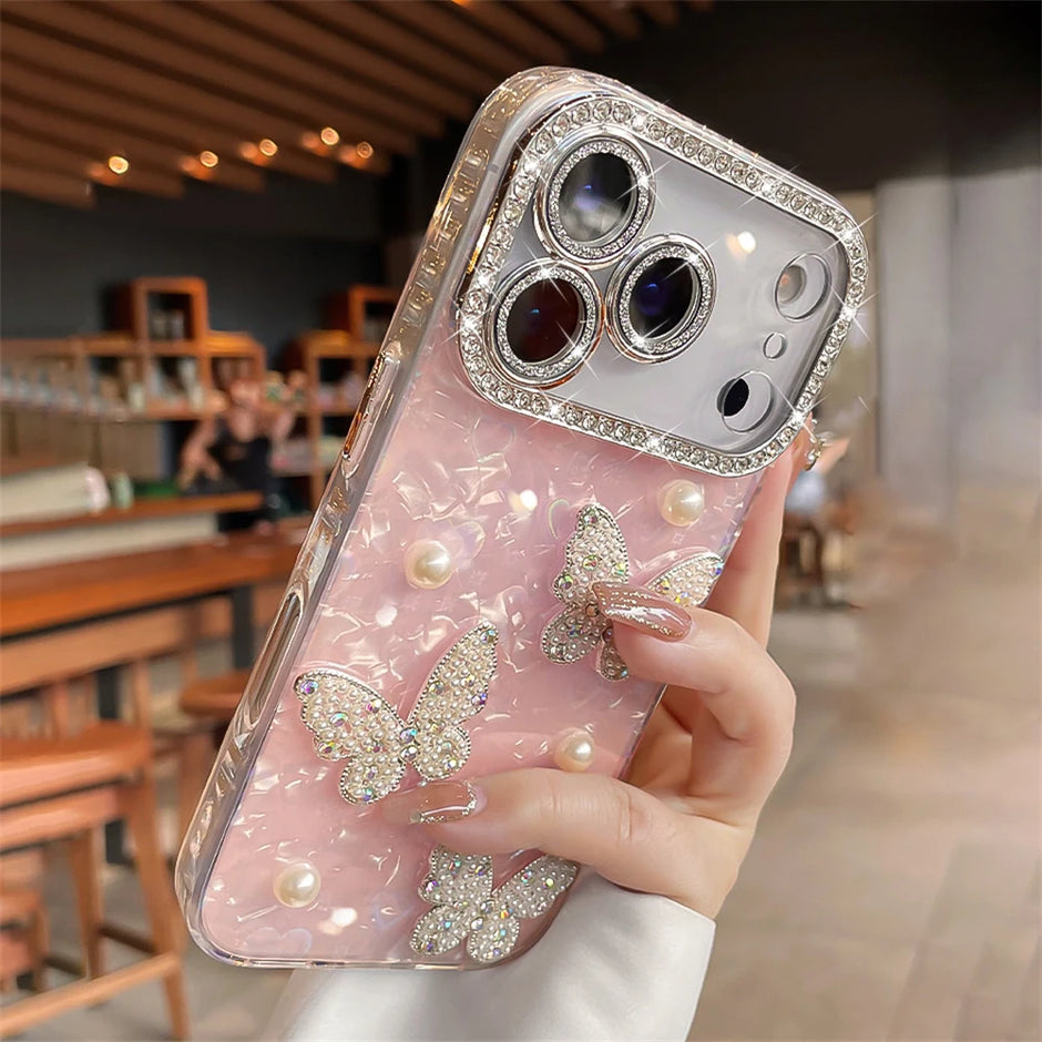 Luxury Diamond Butterfly Clear Phone Case For iPhone 17 Air 16 15 14 13 12 Pro Max Transparent Plating Soft Silicone Back Cover