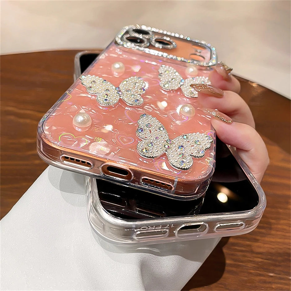 Luxury Diamond Butterfly Clear Phone Case For iPhone 17 Air 16 15 14 13 12 Pro Max Transparent Plating Soft Silicone Back Cover