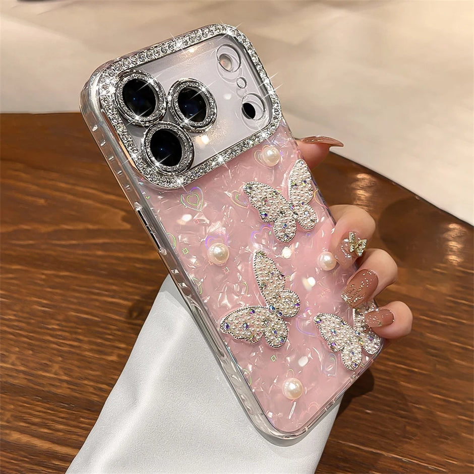 Luxury Diamond Butterfly Clear Phone Case For iPhone 17 Air 16 15 14 13 12 Pro Max Transparent Plating Soft Silicone Back Cover