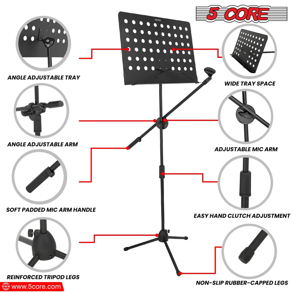 5Core Music Stand for Sheet Music Portablr Folding Tripod + Detachable Mic Holder