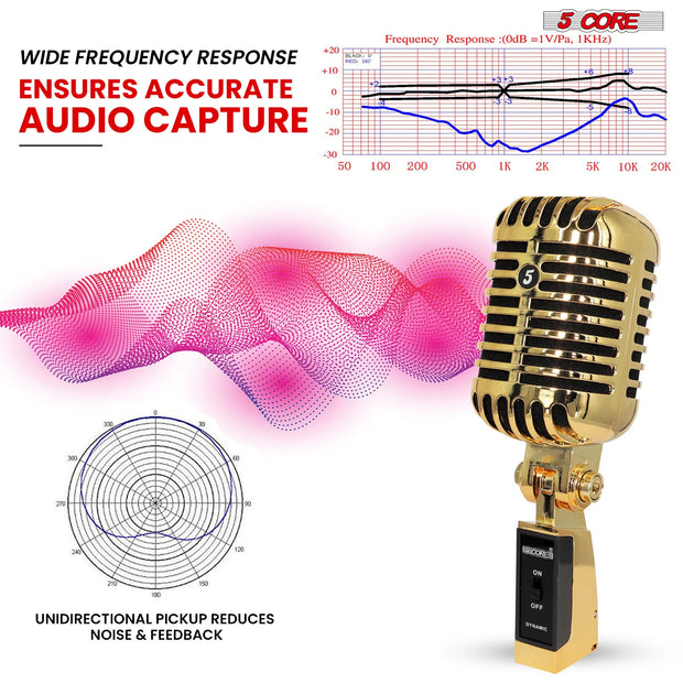 5Core Vintage Microphone Classic Dynamic Professional XLR Studio Retro Style Mic Gold