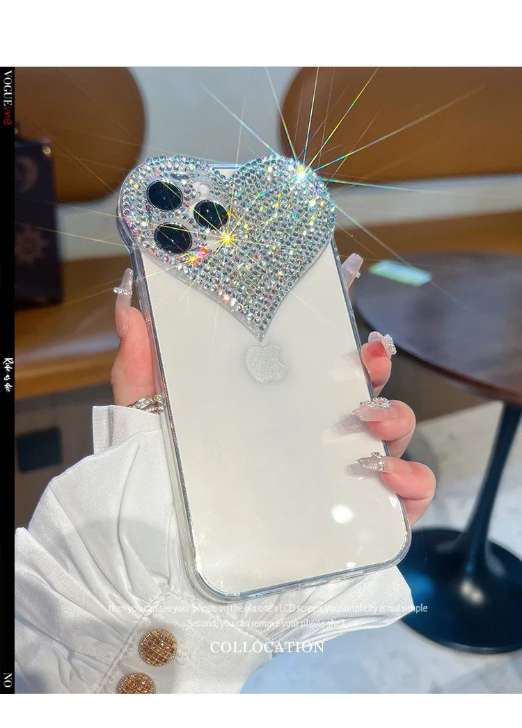 Bling Heart Girly Phone Cases for IPhone16 15 Pro Max 14 13 12 Mini 11 XS XR Plus Coques Camera Protection Cover Glitter Fundas