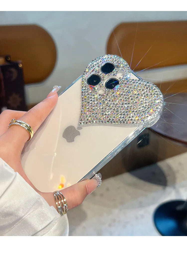 Bling Heart Girly Phone Cases for IPhone16 15 Pro Max 14 13 12 Mini 11 XS XR Plus Coques Camera Protection Cover Glitter Fundas