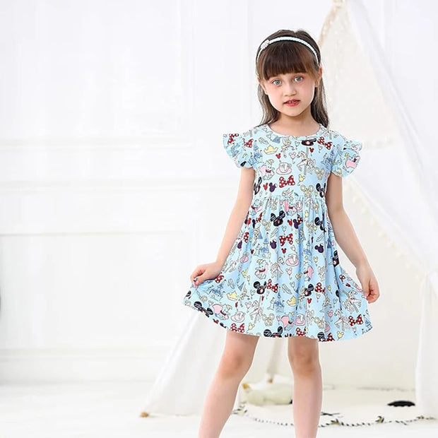 Princess Mouse Bow Toddler Girl Dress Summer Outfit Birthday Party Clothes Girls Flutter Sleeve Knee Length Dress 1-7 Years