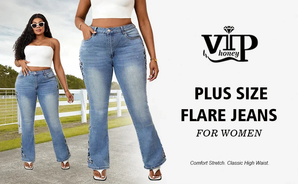 Plus Size Elegant Bootcut Denim Jeans for Women Tummy Control High Rise Curvy Fit Floral Design Slimming Dressy Jeans Pants
