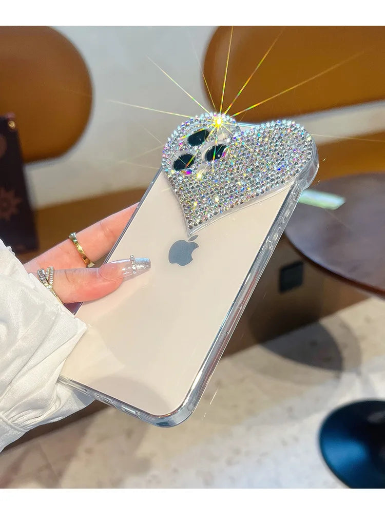 Bling Heart Girly Phone Cases for IPhone16 15 Pro Max 14 13 12 Mini 11 XS XR Plus Coques Camera Protection Cover Glitter Fundas