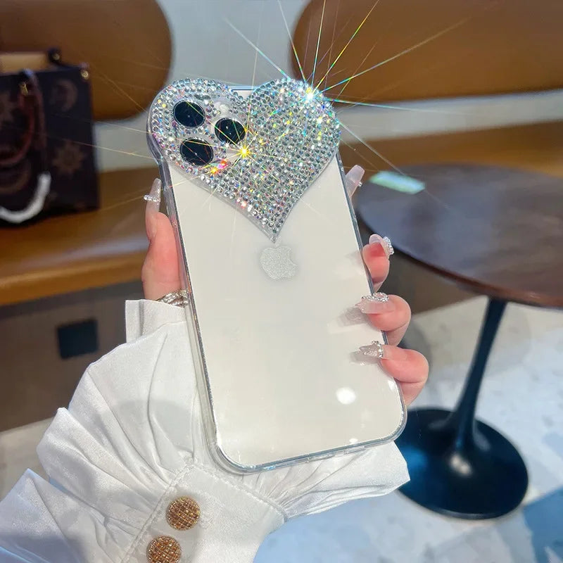 Bling Heart Girly Phone Cases for IPhone16 15 Pro Max 14 13 12 Mini 11 XS XR Plus Coques Camera Protection Cover Glitter Fundas