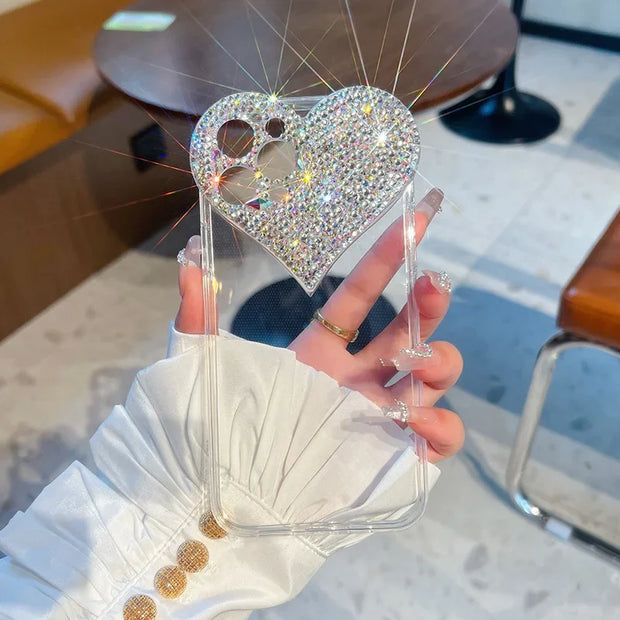 Bling Heart Girly Phone Cases for IPhone16 15 Pro Max 14 13 12 Mini 11 XS XR Plus Coques Camera Protection Cover Glitter Fundas