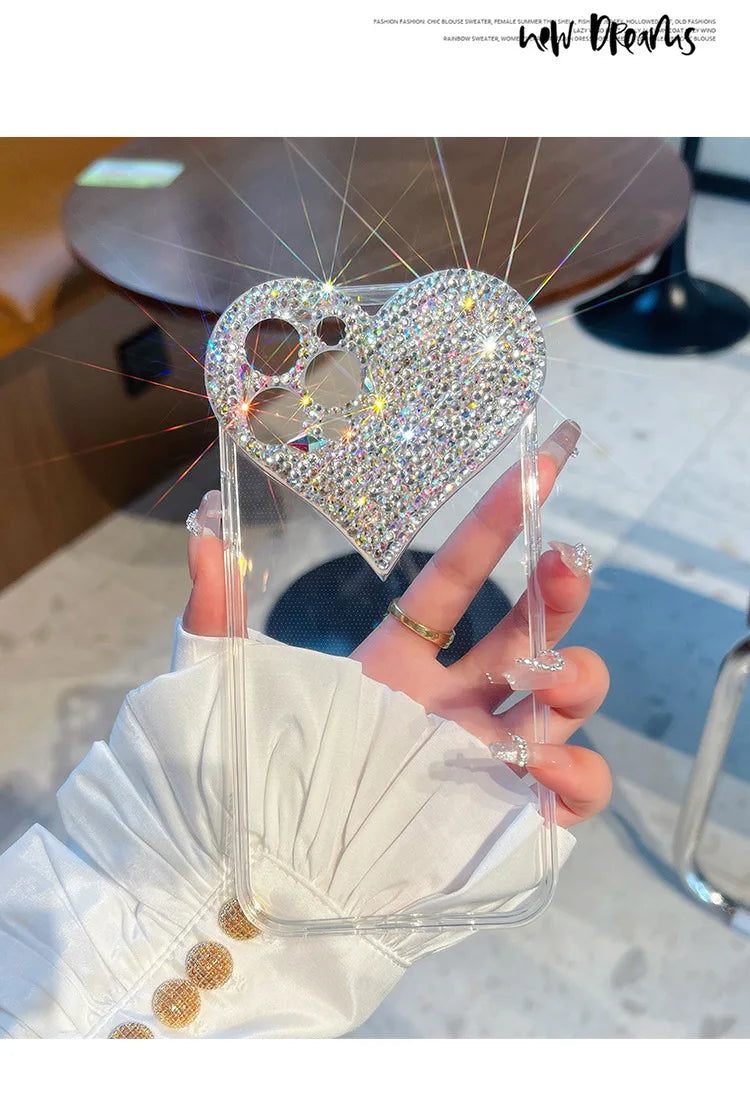 Bling Heart Girly Phone Cases for IPhone16 15 Pro Max 14 13 12 Mini 11 XS XR Plus Coques Camera Protection Cover Glitter Fundas