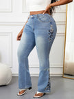 Plus Size Elegant Bootcut Denim Jeans for Women Tummy Control High Rise Curvy Fit Floral Design Slimming Dressy Jeans Pants