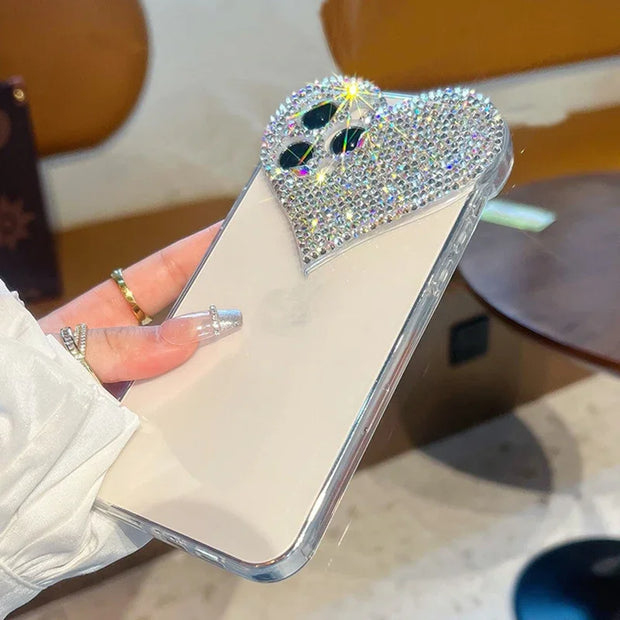 Bling Heart Girly Phone Cases for IPhone16 15 Pro Max 14 13 12 Mini 11 XS XR Plus Coques Camera Protection Cover Glitter Fundas