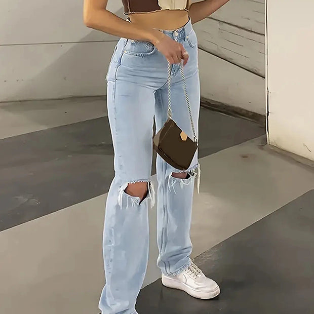 Women's new knee-piercing jeans, loose, comfortable and casual, fully matching straight micro-elastic jeans