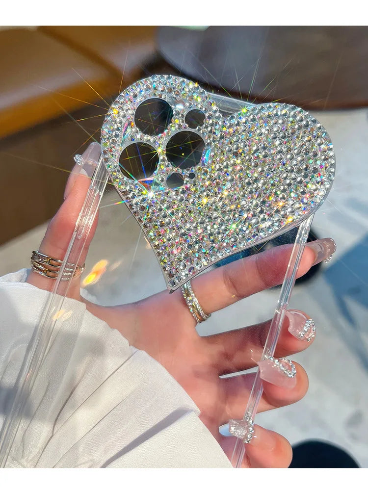 Bling Heart Girly Phone Cases for IPhone16 15 Pro Max 14 13 12 Mini 11 XS XR Plus Coques Camera Protection Cover Glitter Fundas