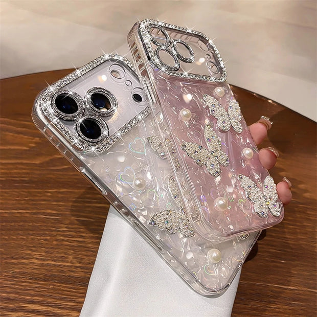 Luxury Diamond Butterfly Clear Phone Case For iPhone 17 Air 16 15 14 13 12 Pro Max Transparent Plating Soft Silicone Back Cover
