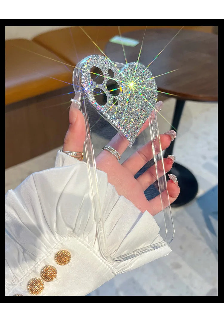 Bling Heart Girly Phone Cases for IPhone16 15 Pro Max 14 13 12 Mini 11 XS XR Plus Coques Camera Protection Cover Glitter Fundas