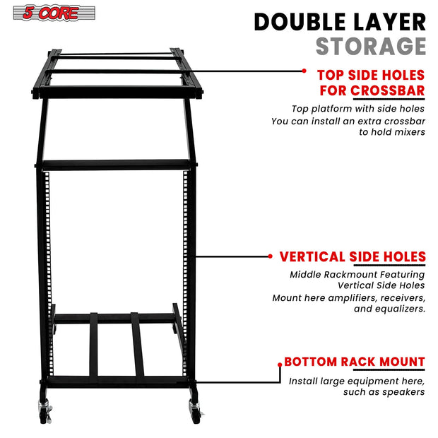 5Core DJ Mixer Stand 16U Adjustable Pro Audio Rack Mount Rolling Stage Cart W Wheel